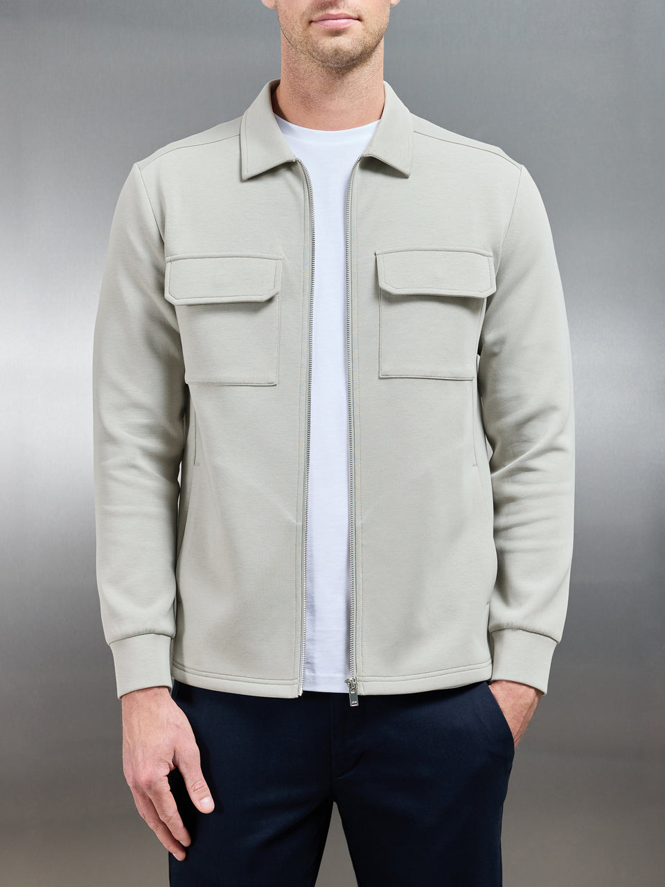 Interlock Jersey Pocket Zip Through Overshirt in Stone