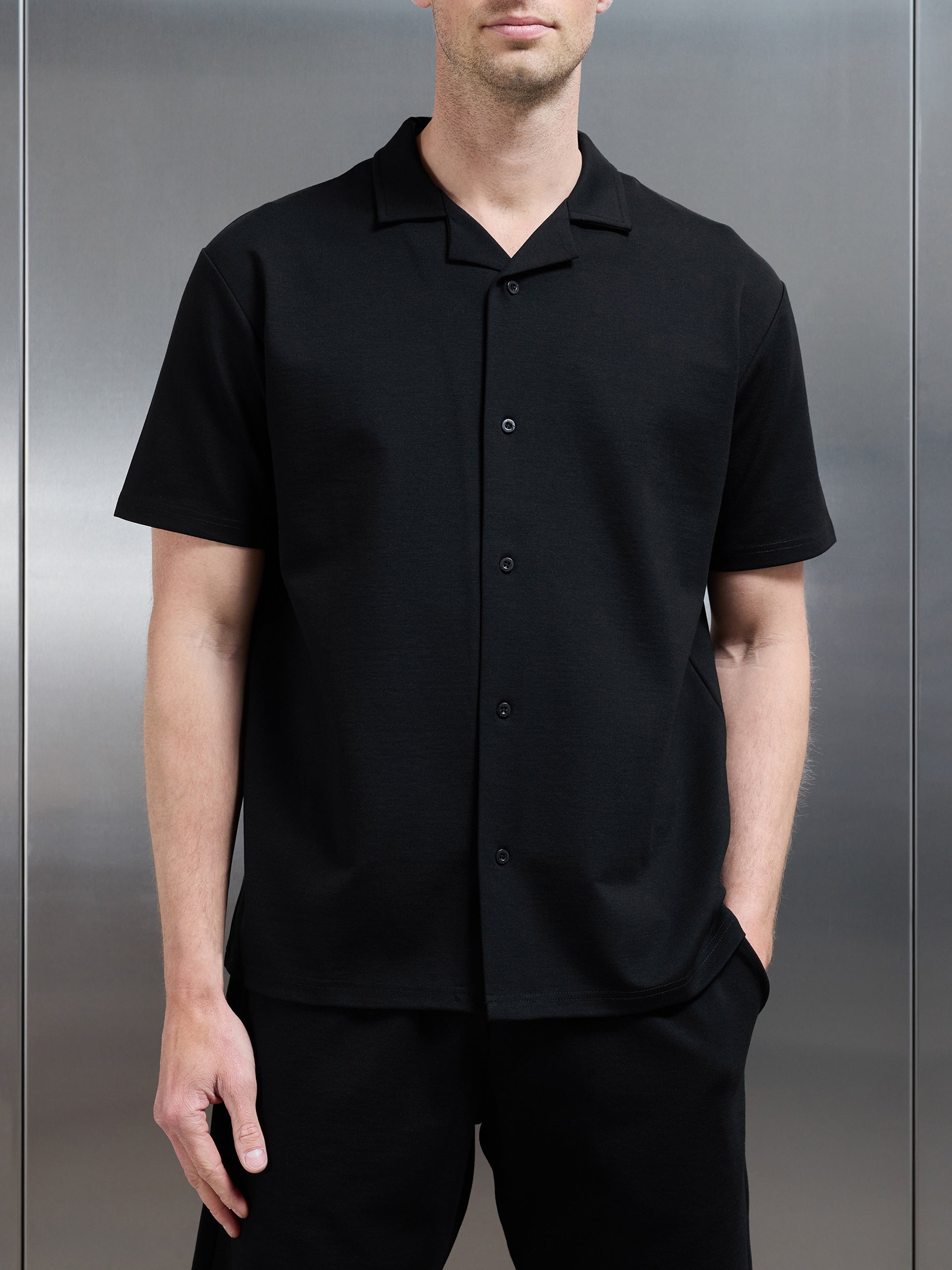 Interlock Relaxed Fit Revere Collar Shirt in Black