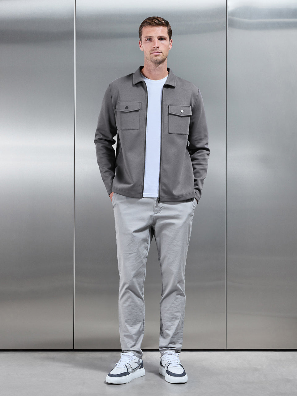 Interlock Jersey Pocket Zip Through Overshirt in Charcoal