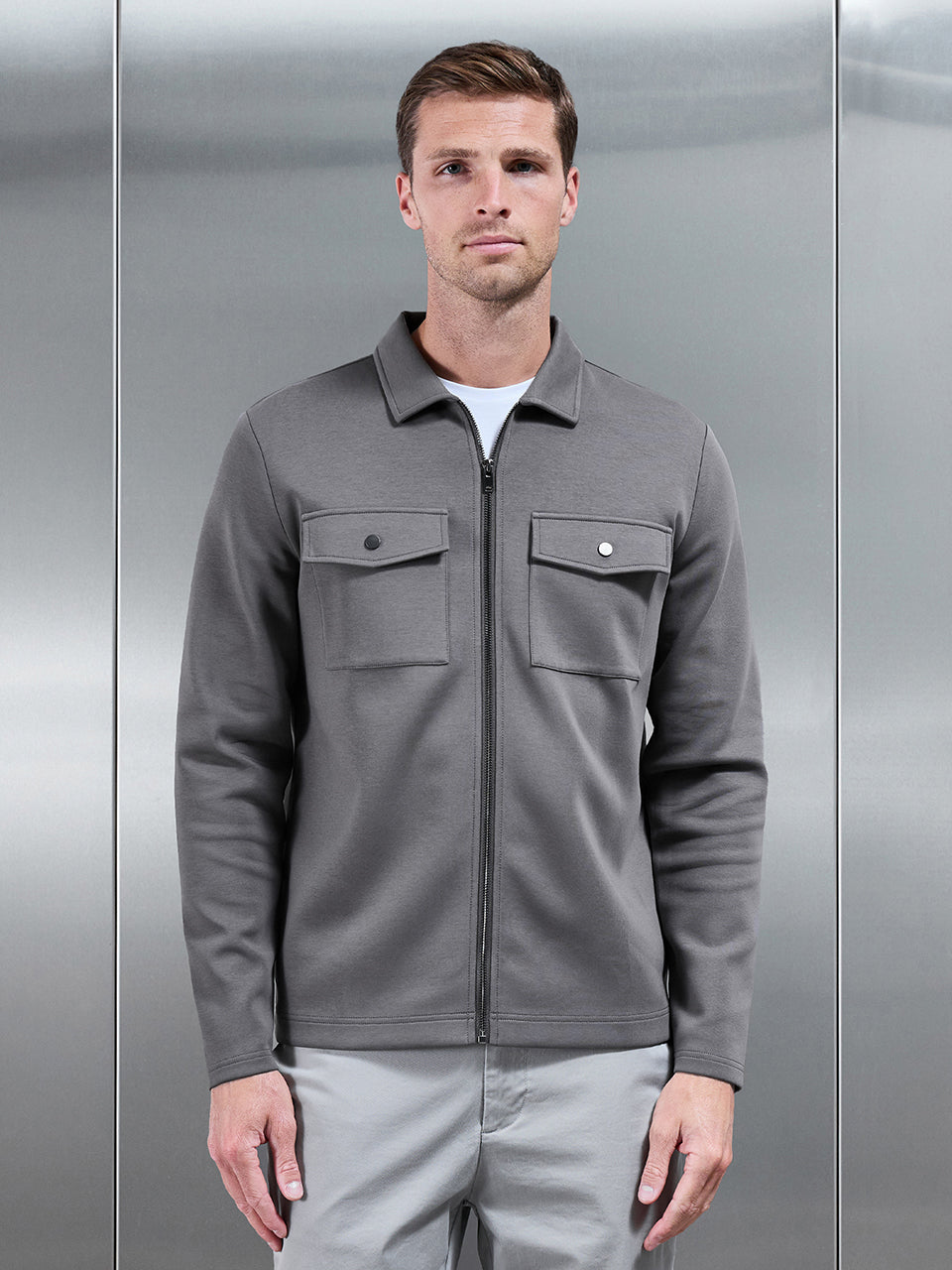 Interlock Jersey Pocket Zip Through Overshirt in Charcoal