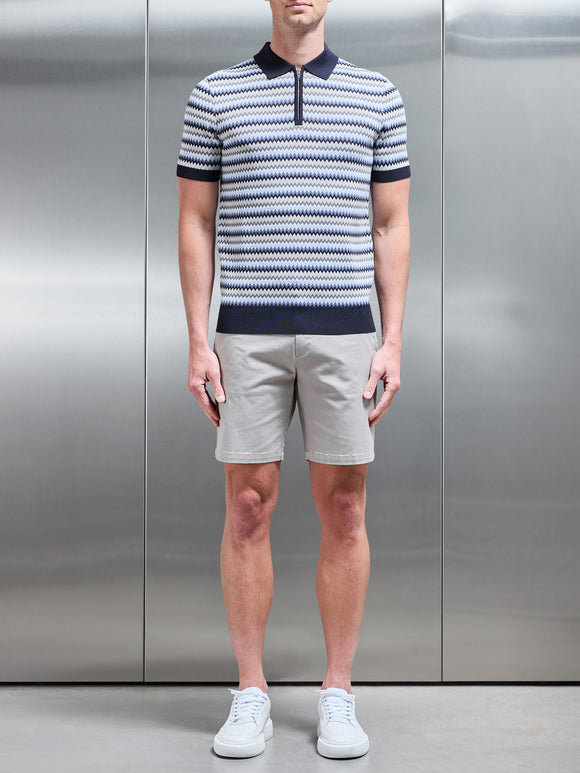 Jacquard Zig Zag Knitted Zip Polo Shirt in Navy
