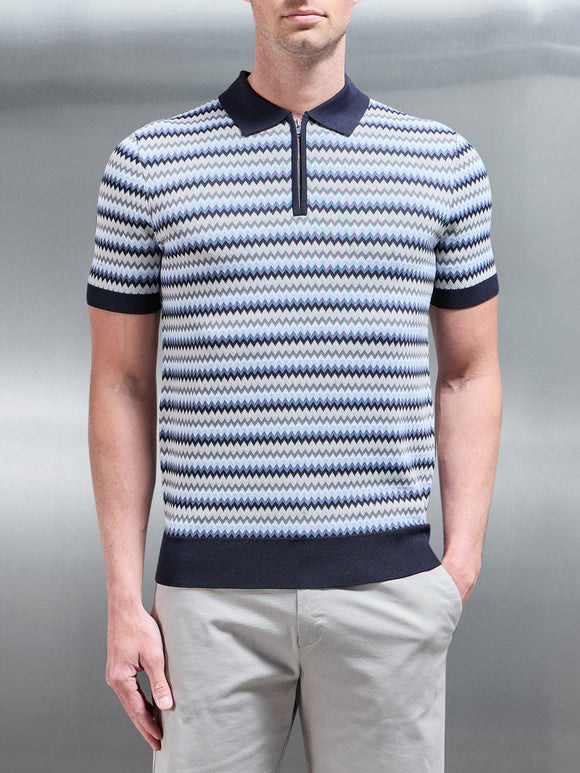 Jacquard Zig Zag Knitted Zip Polo Shirt in Navy
