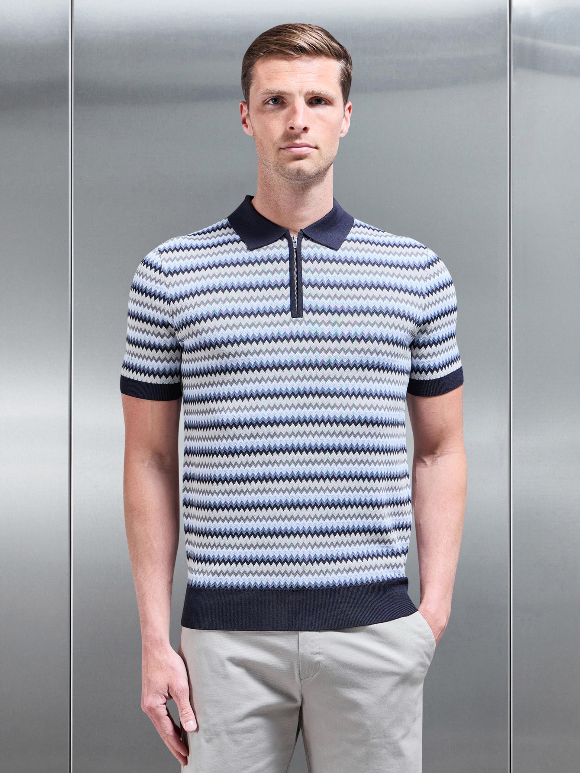 Jacquard Zig Zag Knitted Zip Polo Shirt in Navy