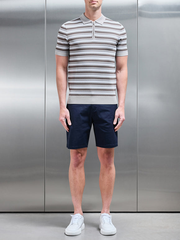 Jacquard Zig Zag Knitted Zip Polo Shirt in Stone