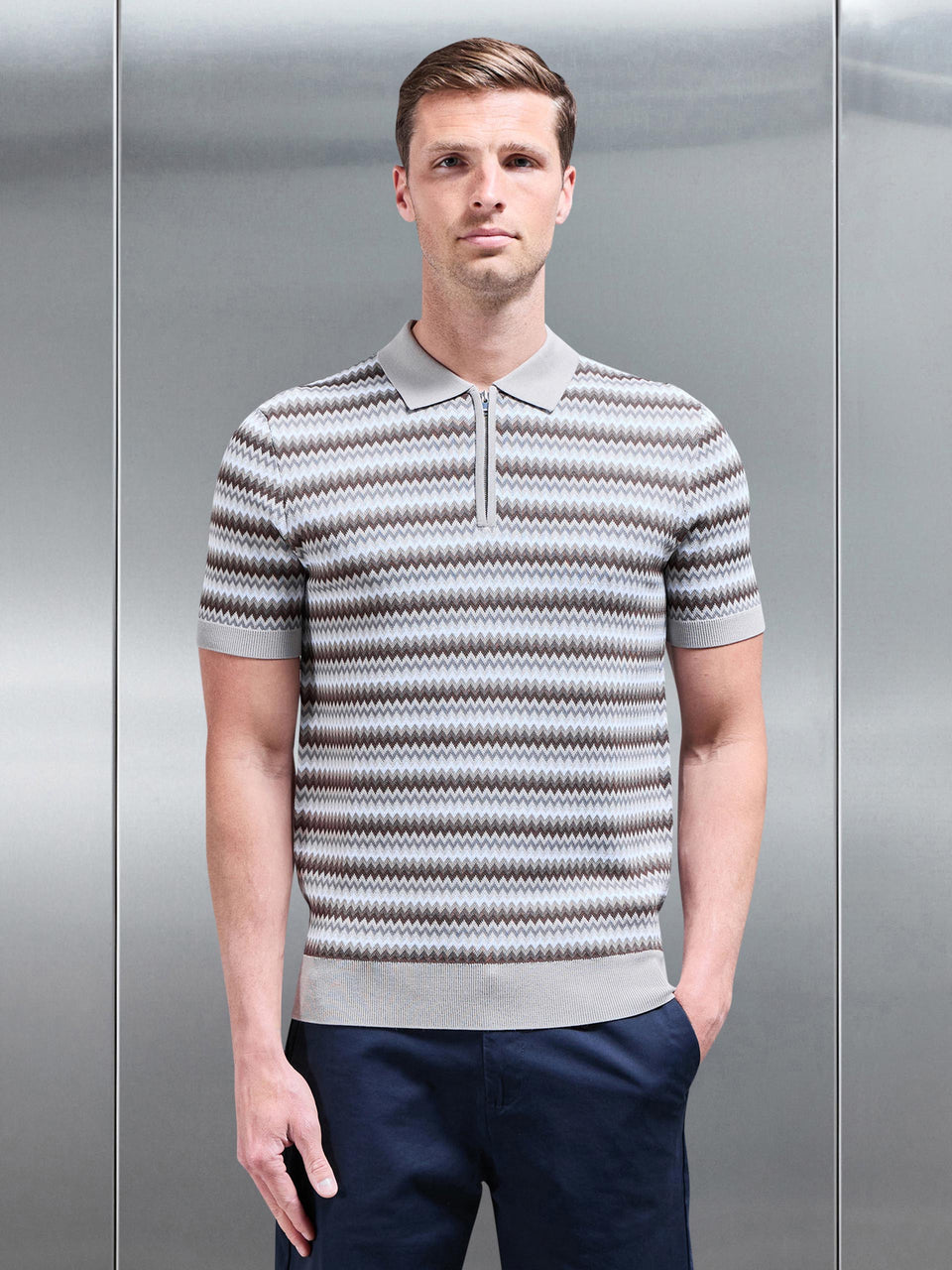 Jacquard Zig Zag Knitted Zip Polo Shirt in Stone