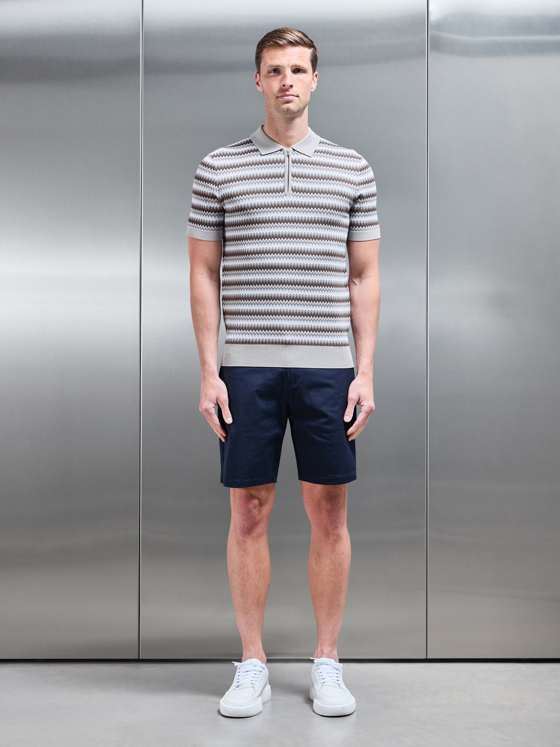 Jacquard Zig Zag Knitted Zip Polo Shirt in Stone