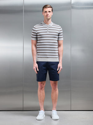 Jacquard Zig Zag Knitted Zip Polo Shirt in Stone