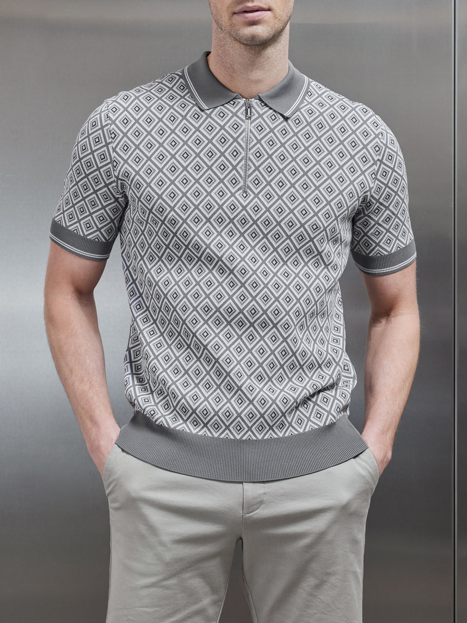 Jacquard Knitted Zip Polo Shirt in Grey