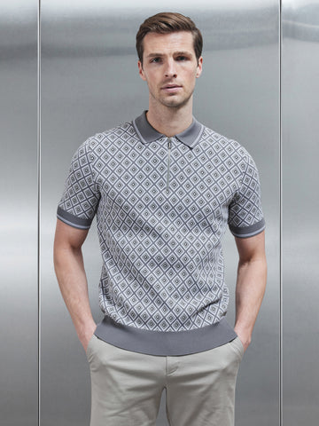 Jacquard Knitted Zip Polo Shirt in Grey