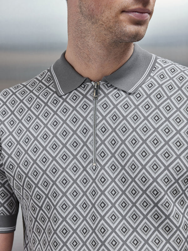 Jacquard Knitted Zip Polo Shirt in Grey