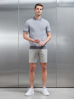 Jacquard Knitted Zip Polo Shirt in Grey