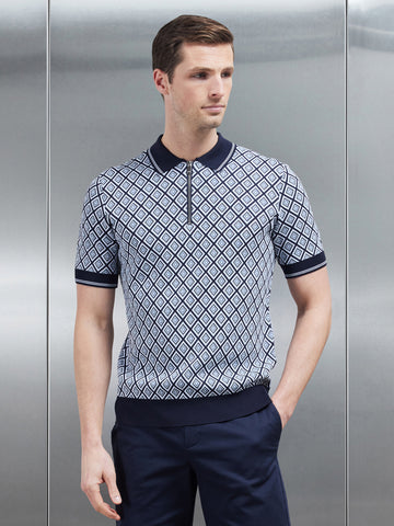 Jacquard Knitted Zip Polo Shirt in Navy