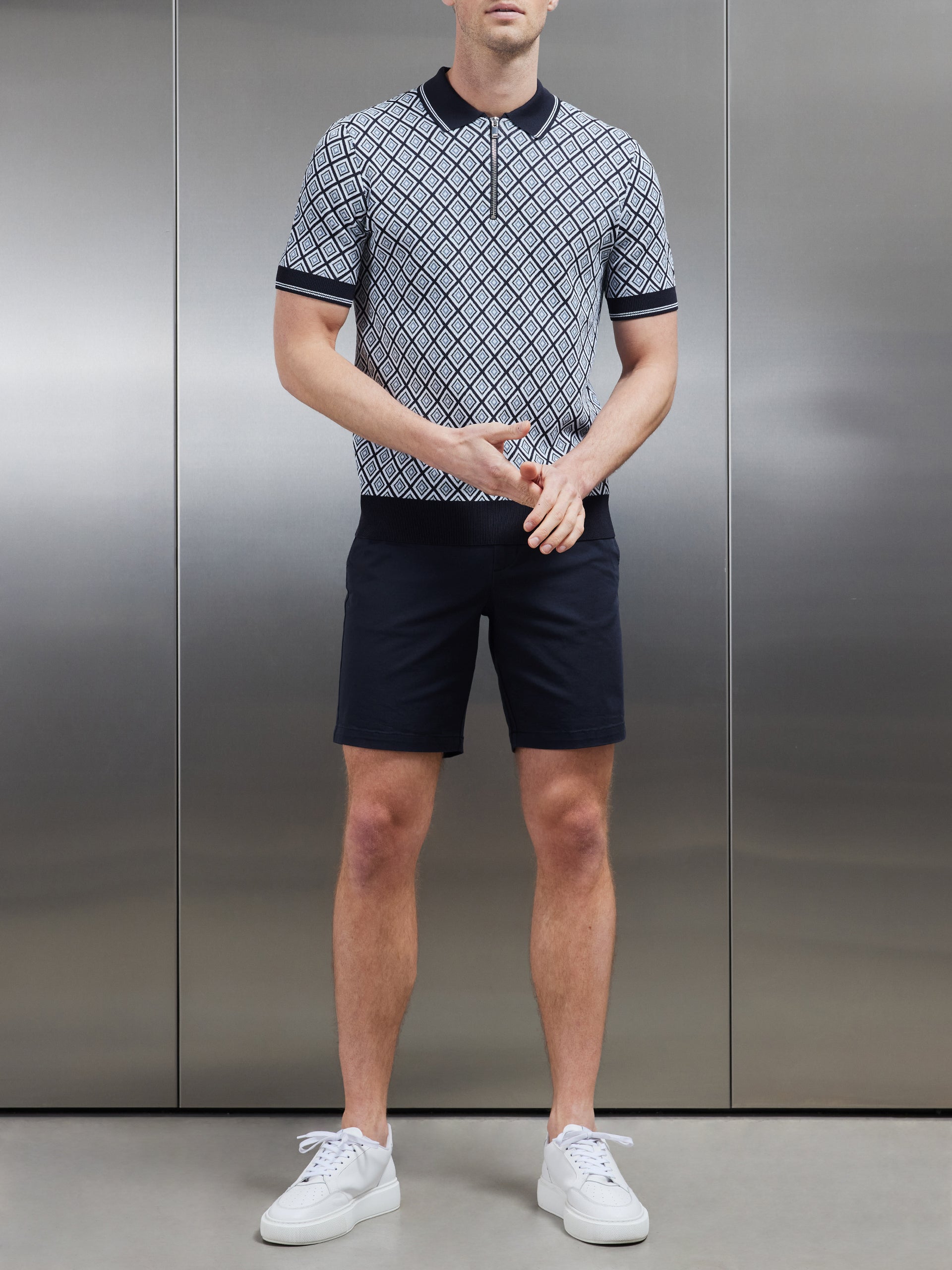 Jacquard Knitted Zip Polo Shirt in Navy