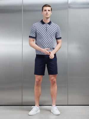 Jacquard Knitted Zip Polo Shirt in Navy