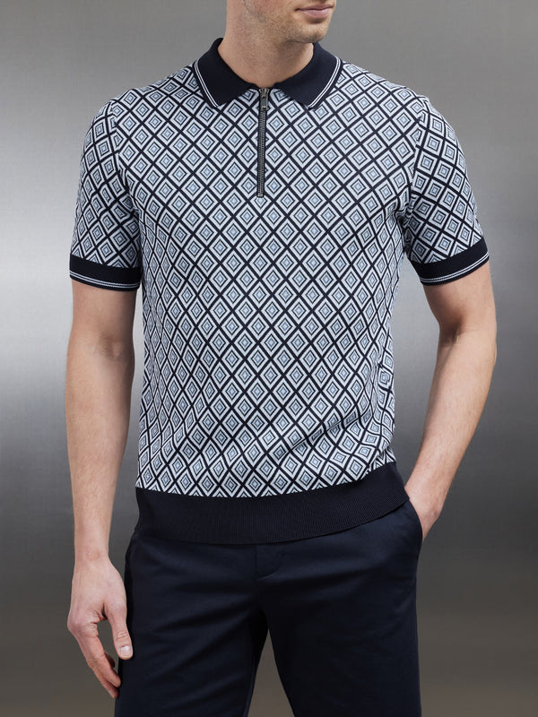 Jacquard Knitted Zip Polo Shirt in Navy
