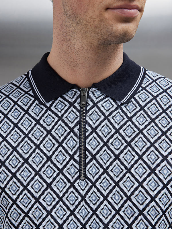 Jacquard Knitted Zip Polo Shirt in Navy