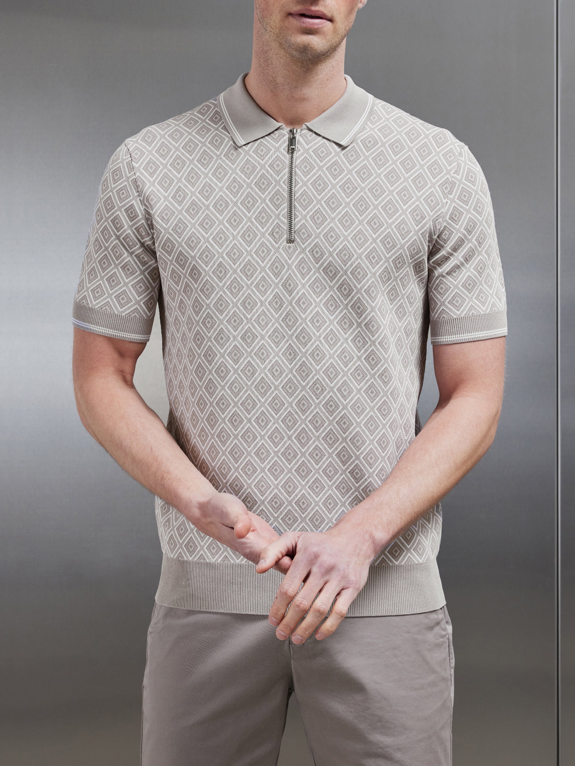 Jacquard Knitted Zip Polo Shirt in Stone
