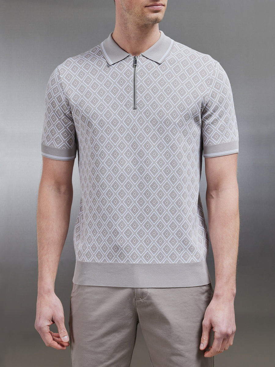 Jacquard Knitted Zip Polo Shirt in Stone
