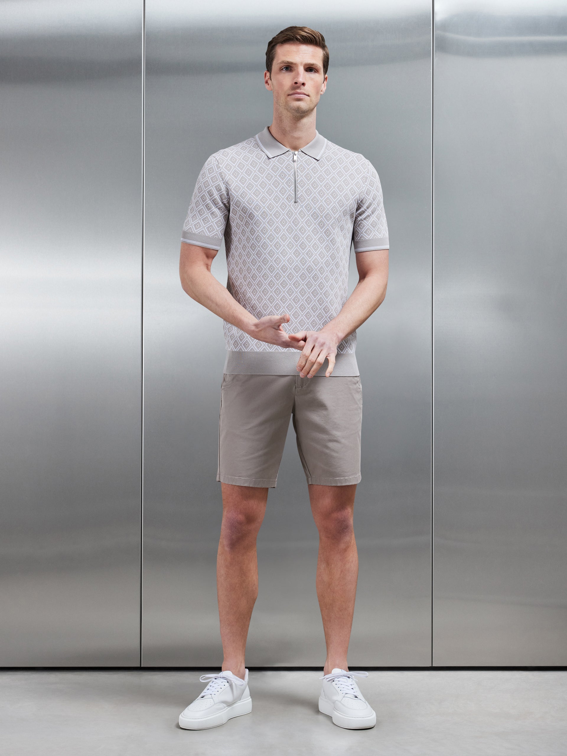 Jacquard Knitted Zip Polo Shirt in Stone