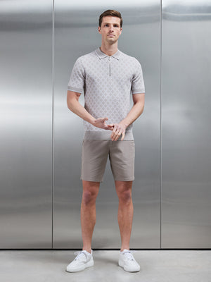 Jacquard Knitted Zip Polo Shirt in Stone