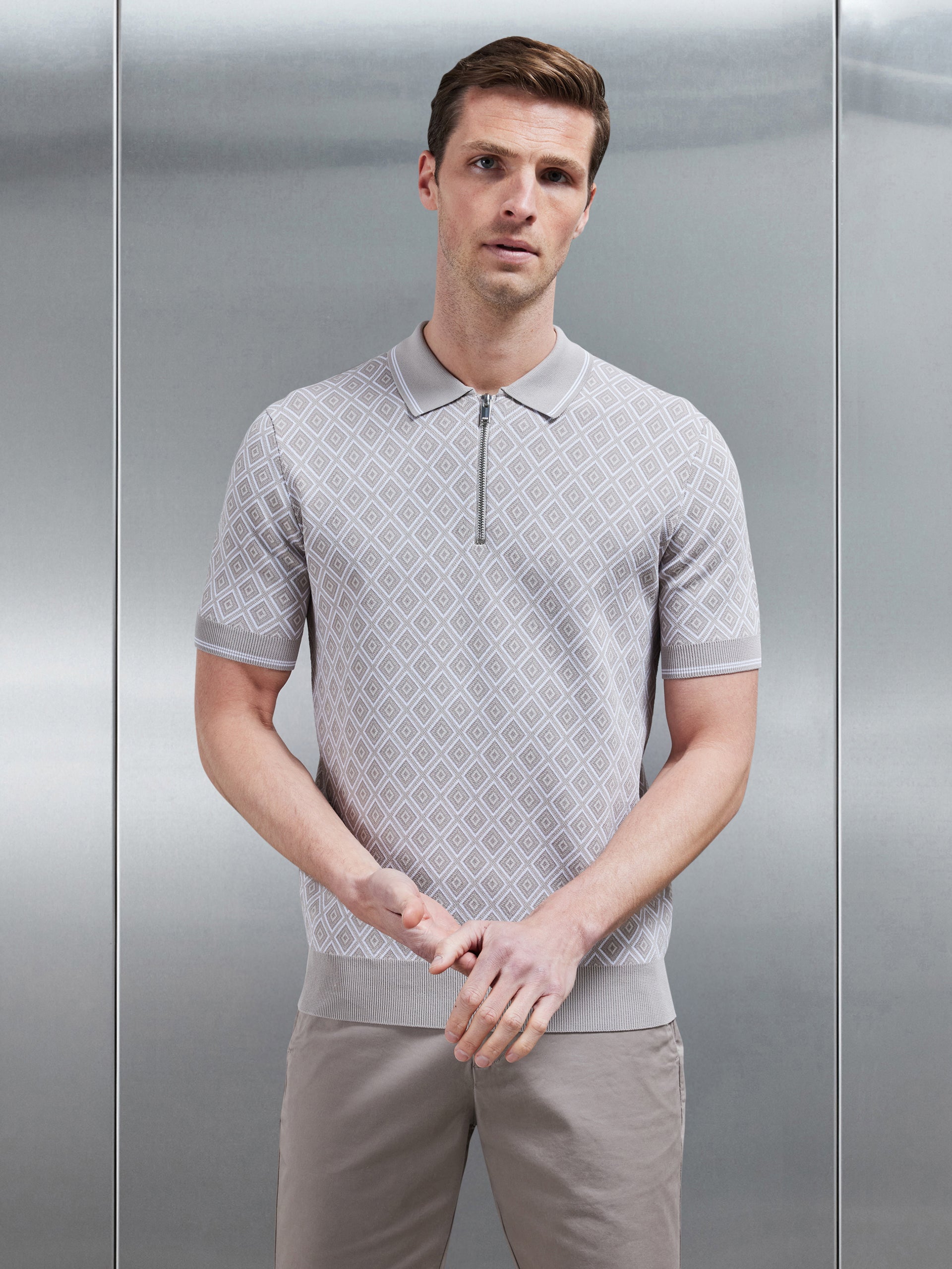 Jacquard Knitted Zip Polo Shirt in Stone
