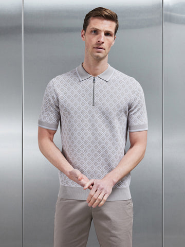 Jacquard Knitted Zip Polo Shirt in Stone