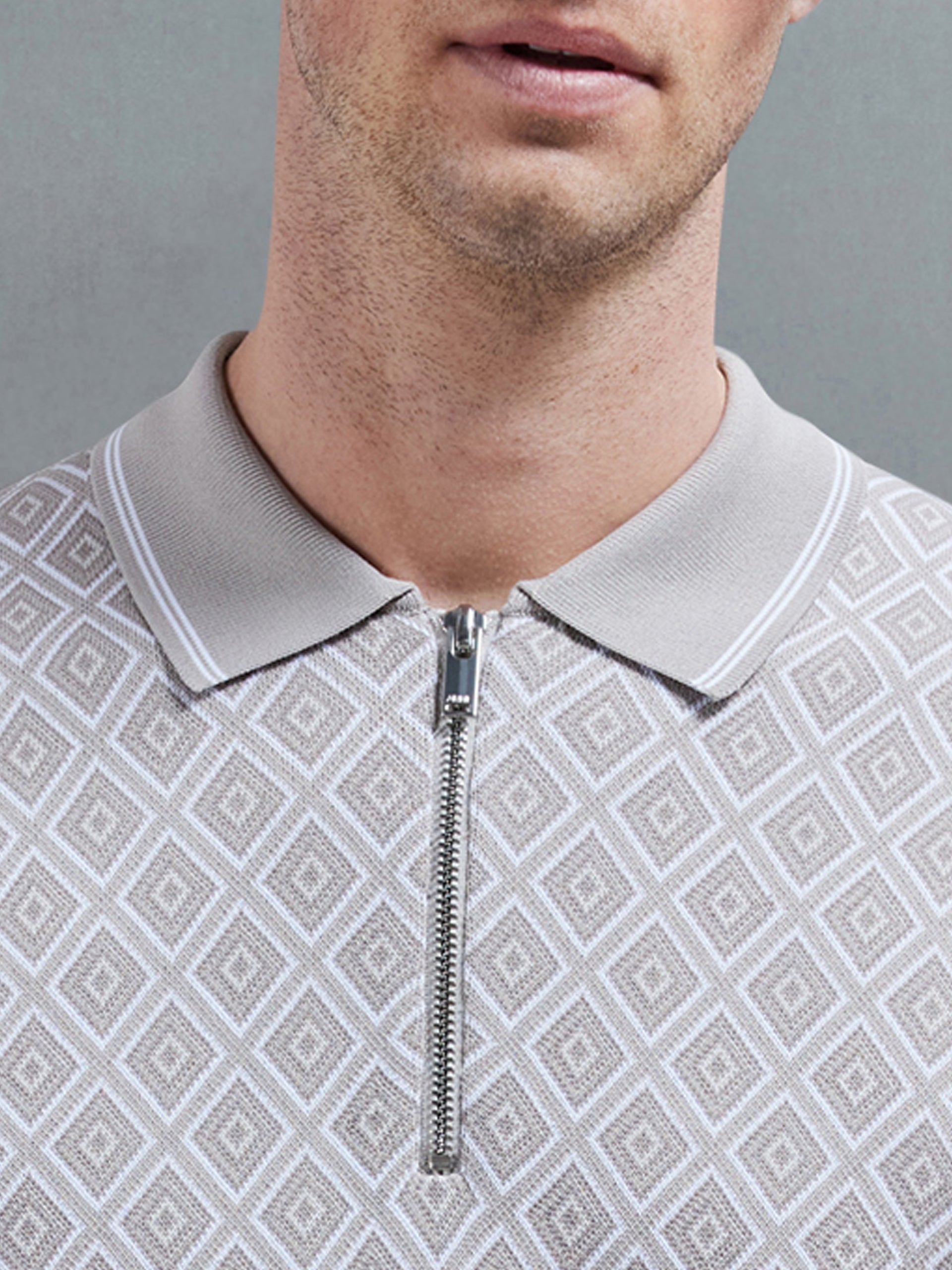 Jacquard Knitted Zip Polo Shirt in Stone