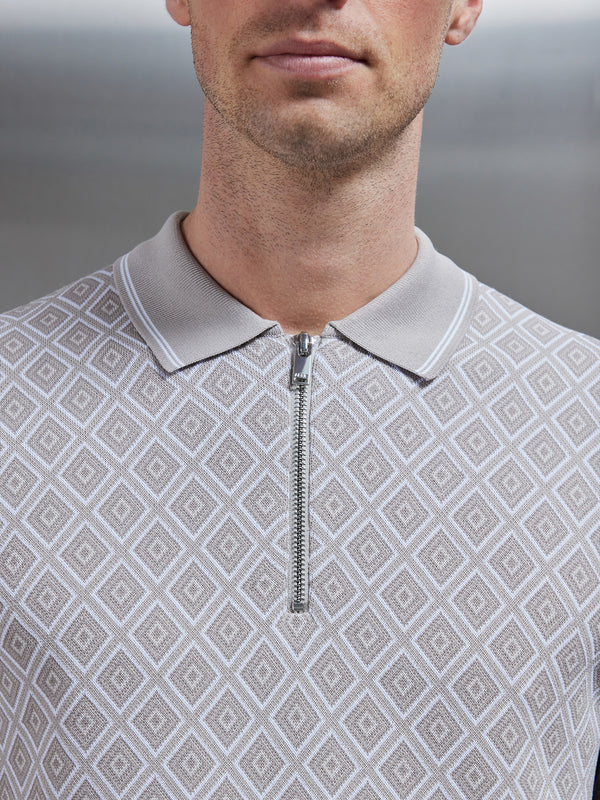 Jacquard Knitted Zip Polo Shirt in Stone