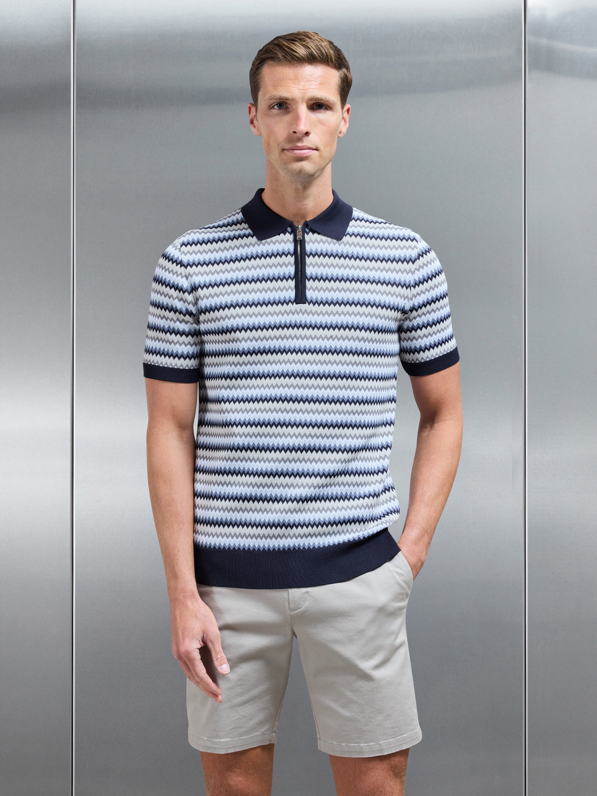 Jacquard Zig Zag Knitted Zip Polo Shirt in Navy