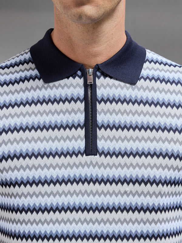 Jacquard Zig Zag Knitted Zip Polo Shirt in Navy
