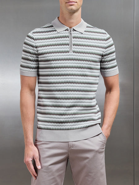 Jacquard Zig Zag Knitted Zip Polo Shirt in Taupe