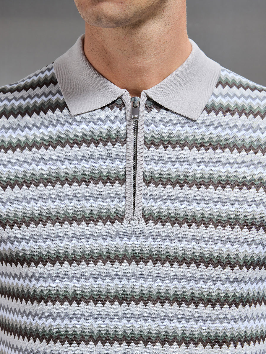 Jacquard Zig Zag Knitted Zip Polo Shirt in Taupe