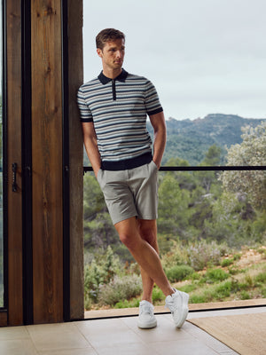 Jacquard Zig Zag Knitted Zip Polo Shirt in Navy