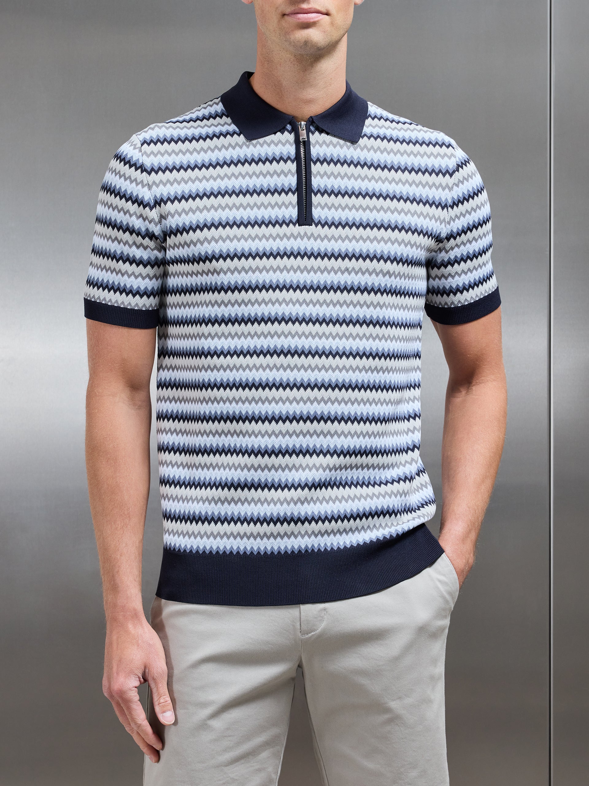 Jacquard Zig Zag Knitted Zip Polo Shirt in Navy