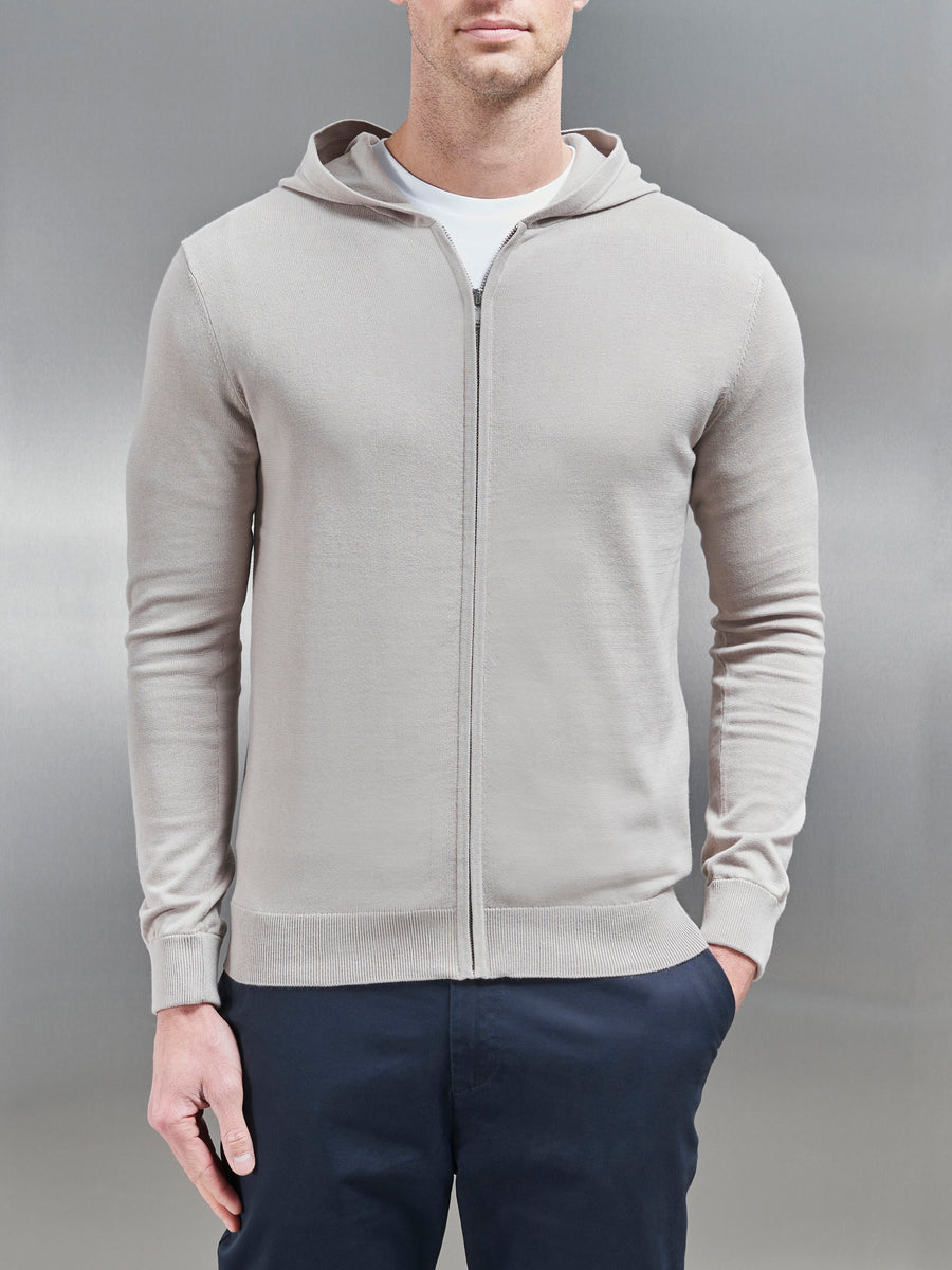 Cotton Knitted Zip Through Hoodie in Stone