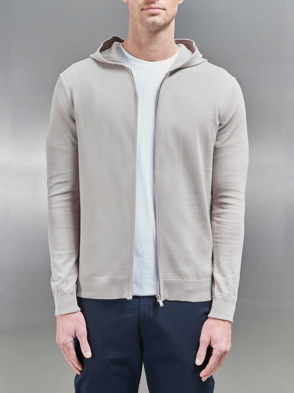 Cotton Knitted Zip Through Hoodie in Stone