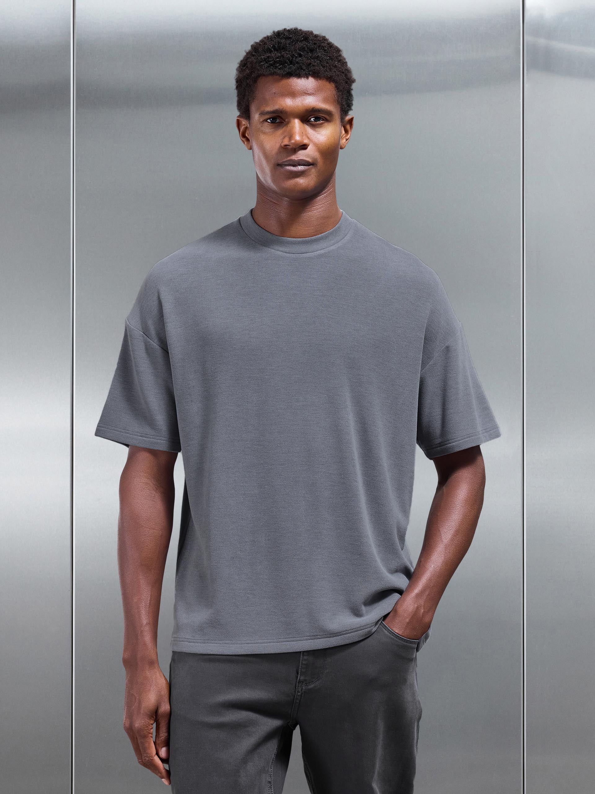 Knitted Textured Relaxed Fit T-Shirt in Slate Grey