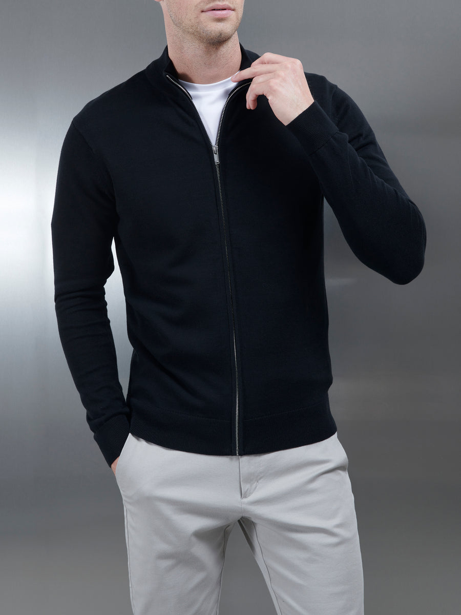 Cotton Knitted Zip Through Jacket in Black