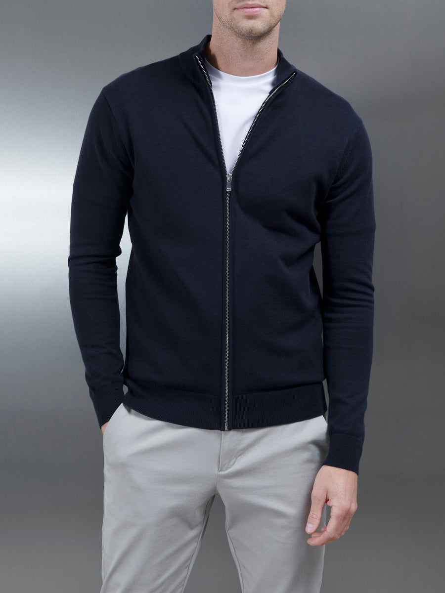 Cotton Knitted Zip Through Jacket in Navy