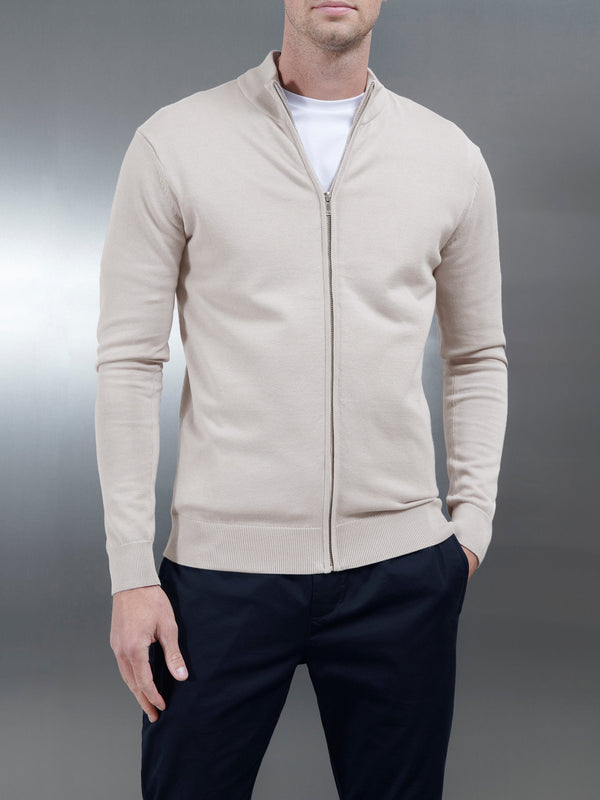 Cotton Knitted Zip Through Jacket in Stone