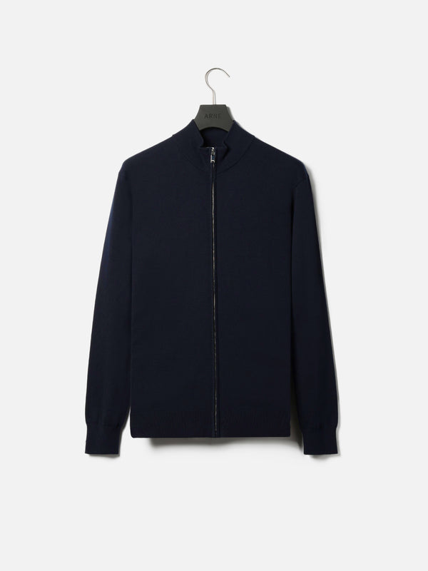 Cotton Knitted Zip Through Jacket in Navy