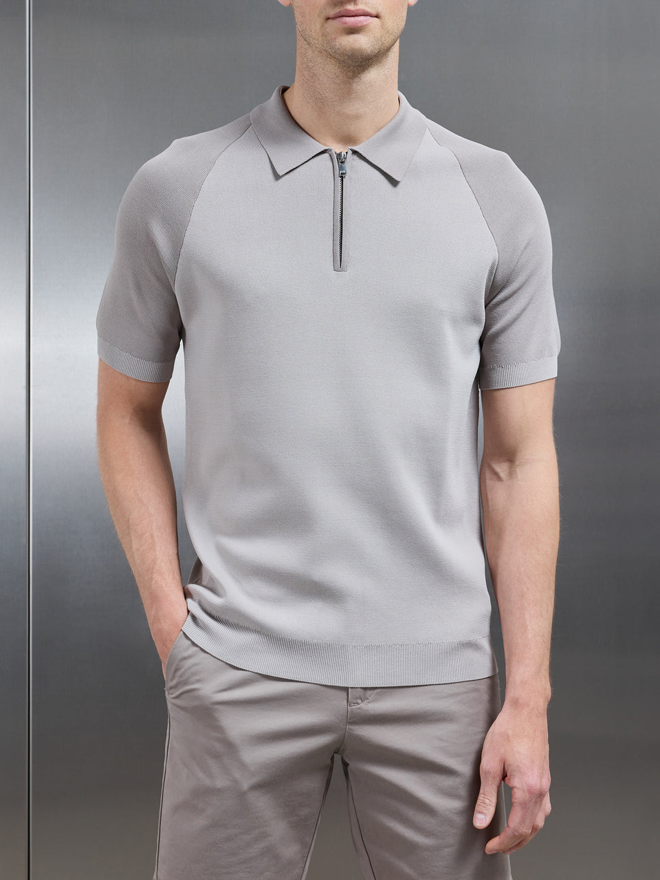 Knitted Raglan Colour Block Zip Polo in Stone