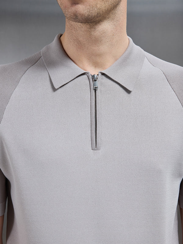 Knitted Raglan Colour Block Zip Polo in Stone