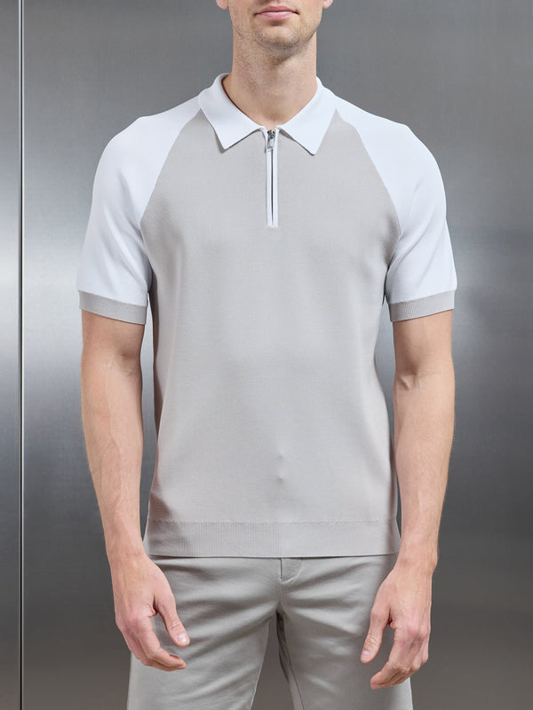 Knitted Raglan Colour Block Zip Polo in Mid Grey White