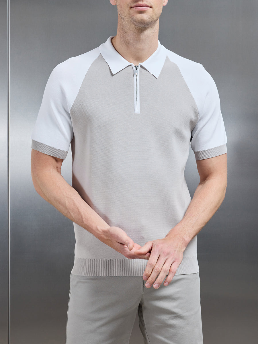 Knitted Raglan Colour Block Zip Polo in Mid Grey White