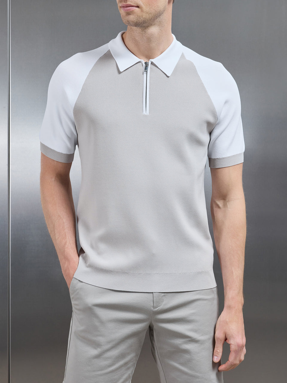 Knitted Raglan Colour Block Zip Polo in Mid Grey White