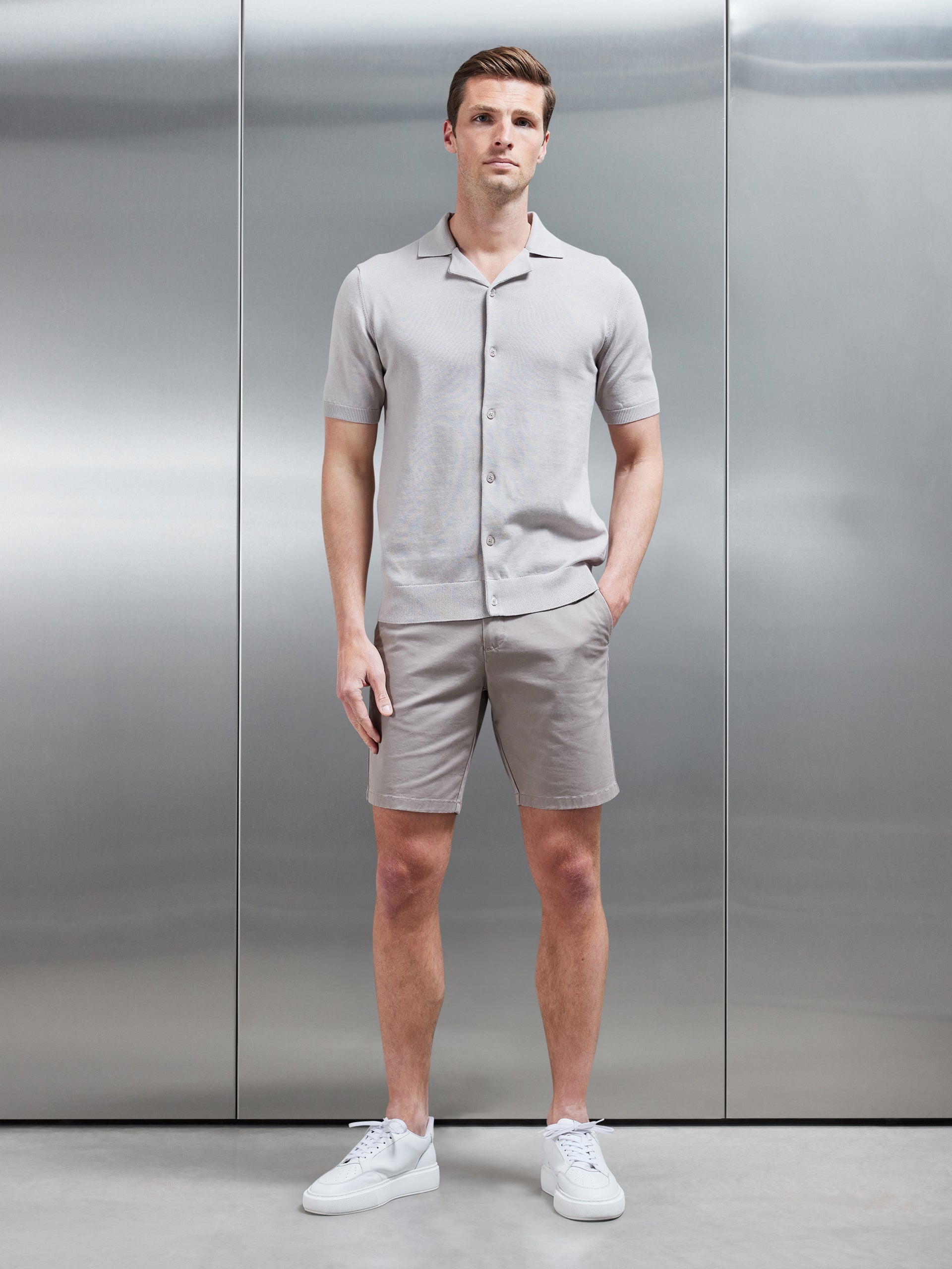 Knitted Revere Collar Shirt in Stone