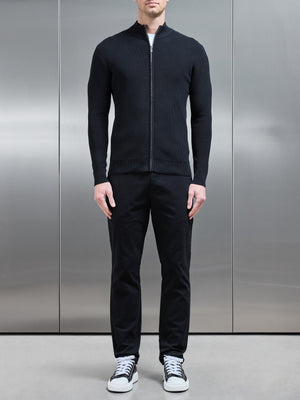 Knitted Ribbed Funnel Neck Zip Through Jacket in Black