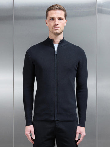 Knitted Ribbed Funnel Neck Zip Through Jacket in Black