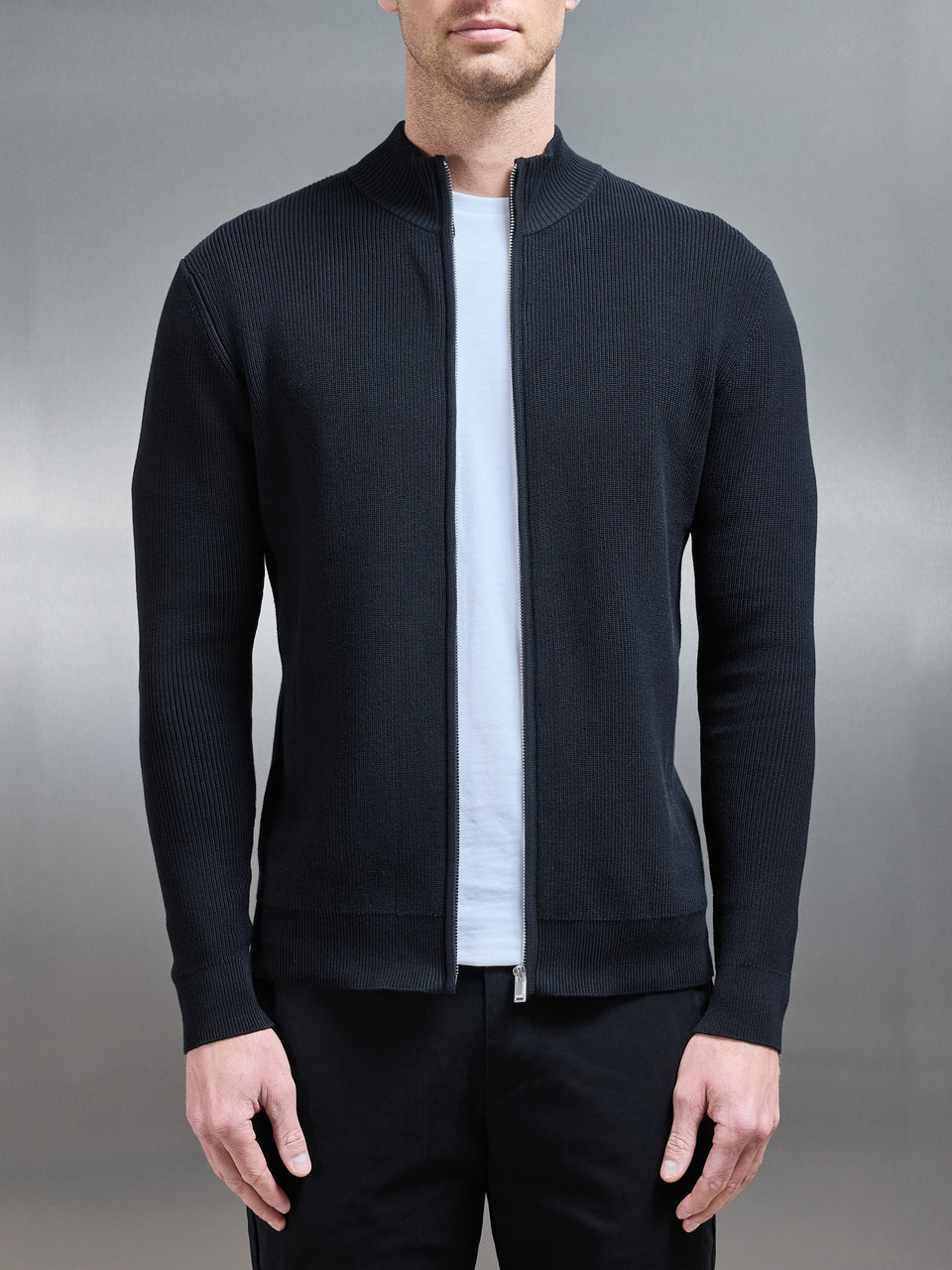 Knitted Ribbed Funnel Neck Zip Through Jacket in Black